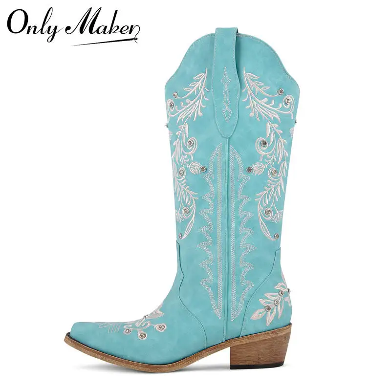 

Onlymaker Women Pointed Toe Pull On Western Cowgirl Boots Fringed Chunky Heel Embroidery Cowboy Boots