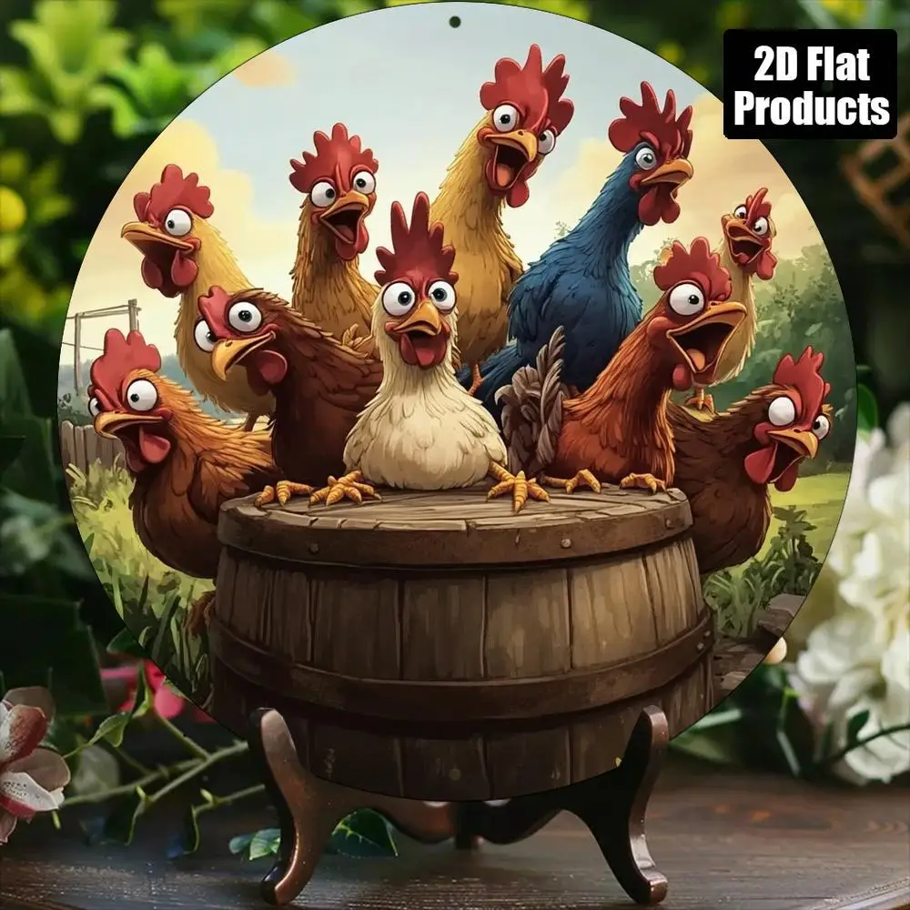 2D Metal Sign, Round Aluminum Wall Art, 8x8 Inch, Farmhouse Rustic Decor, Colorful Cartoon Chickens Barrel Pastoral Scene, Home