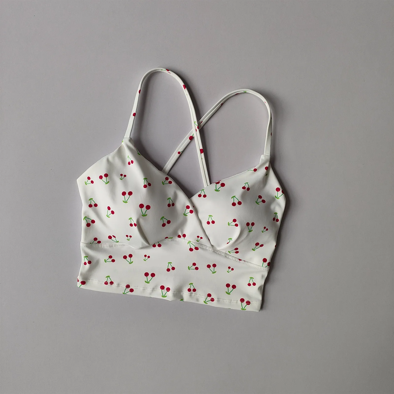 Kirschmuster-Yoga-Top für Damen mit Brustpolster, festem Cup, schönem Rücken, Sport-BH, Lauf- und Fitnesskleidung, Oberbekleidung, Trägertop – Detail 5