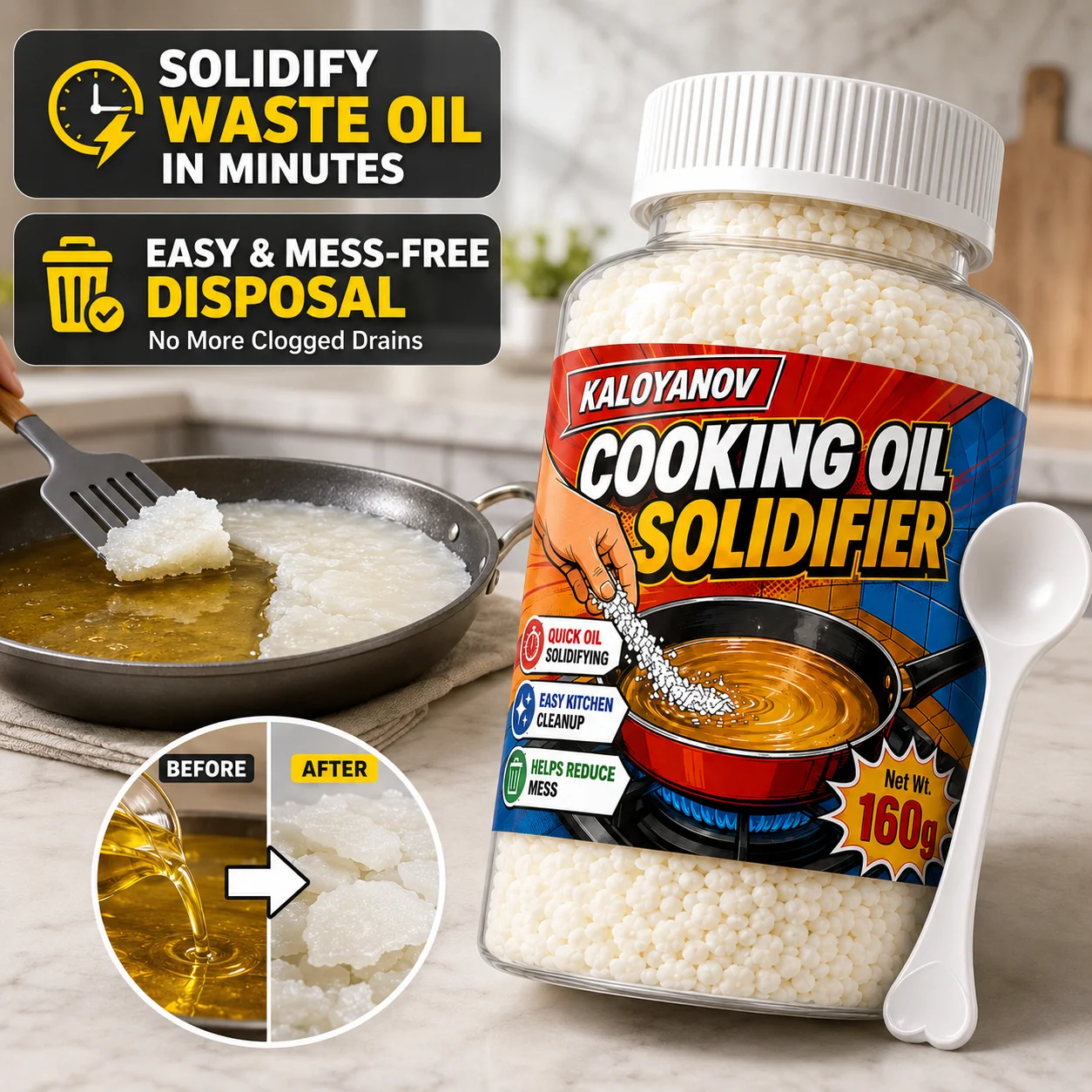 100% Plant-Based Cooking Oil Solidifier Powder, Waste Grease Hardener for Easy Kitchen Disposal, Solidifies Up to 40 Cups of Oil