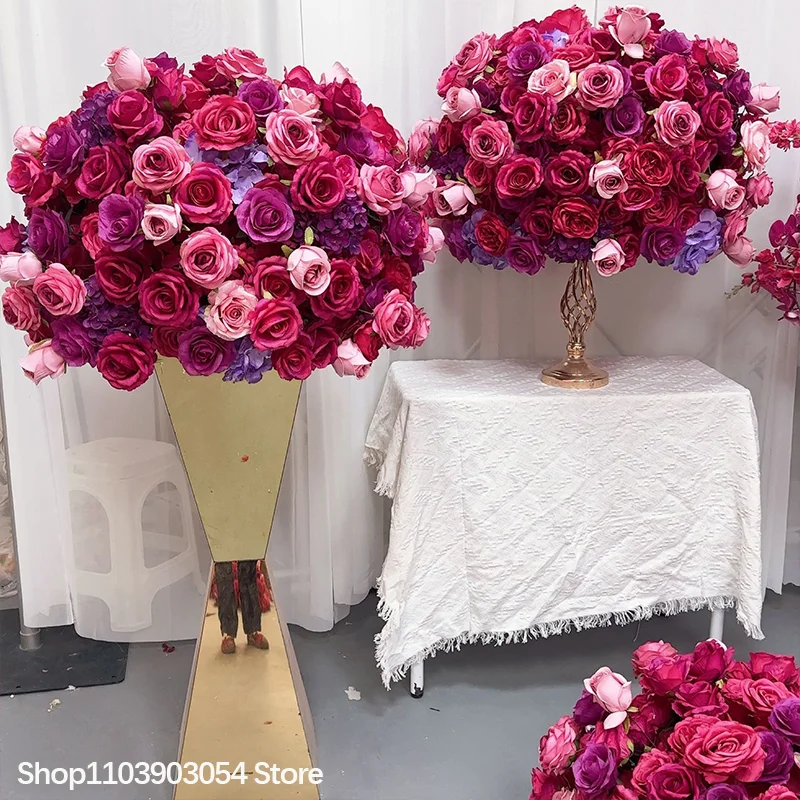 Knallrosa Künstlicher Blumenball-Kranz für Hochzeitskulissen, Lila Rosen-Dekoration für Veranstaltungen, Bühnen, Gangwege und Boden-Blumenrequisiten – Detail 2