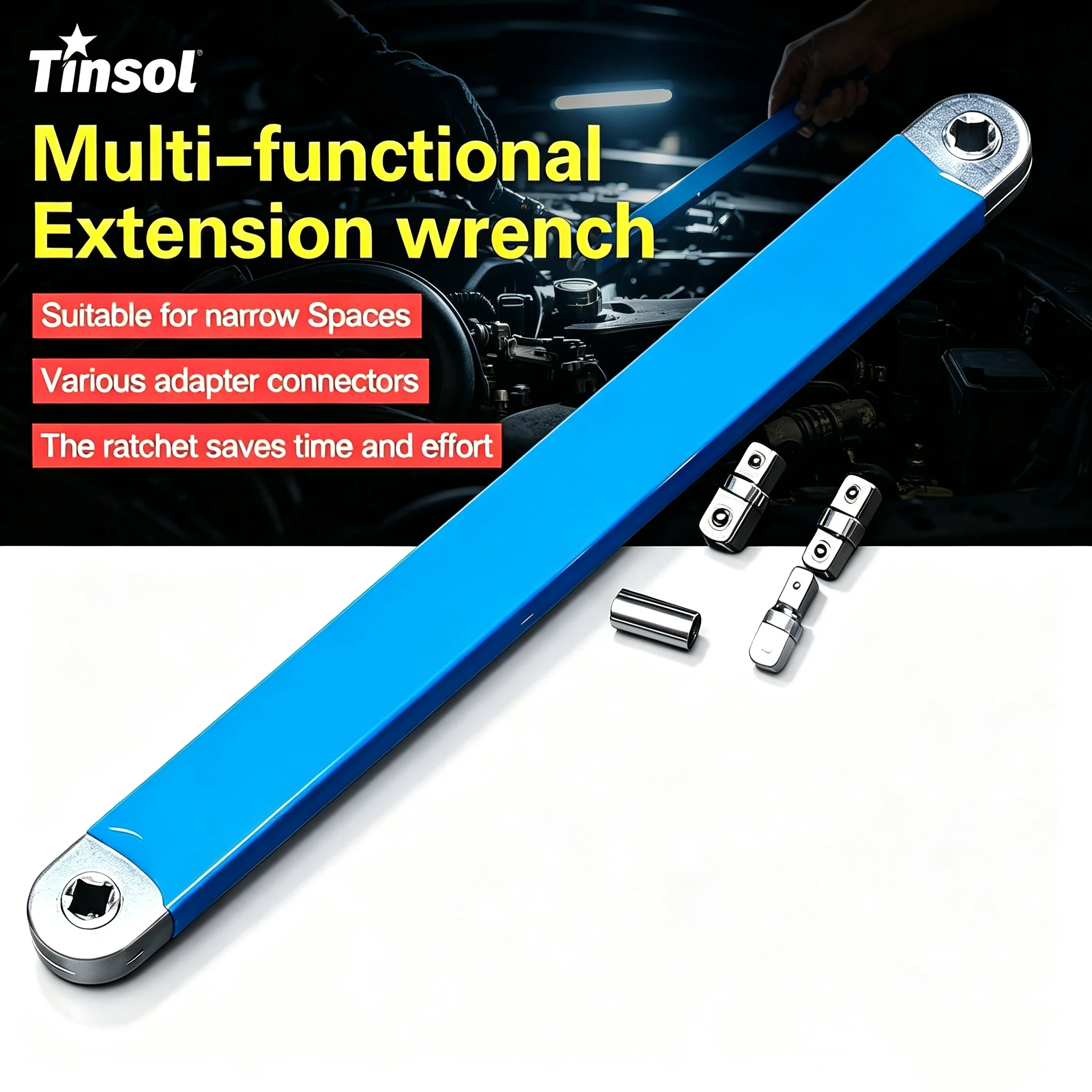 TINSOL 15-inch heavy-duty extension wrench with 4 adapters, dual-purpose impact socket ratchet, car manual repair tool