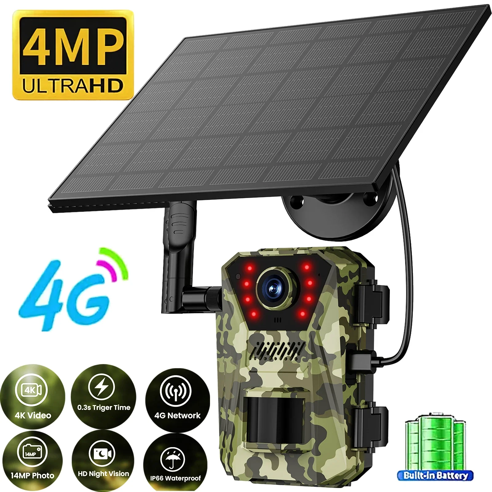 4G LTE Cellular Wildlife Live Streaming Trail Battery Solar PIR Motion Alert Game Camera 940nm with Night Vision Waterproof IP66