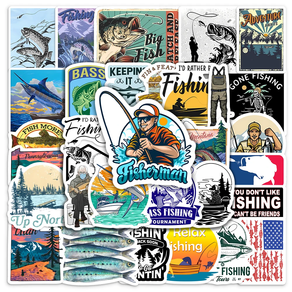 Cool Fishing Stickers DIY Kids Toy Gift Outdoor Hobby Waterproof Decal for Laptop Scrapbook Phone Bottles Bags Decorative