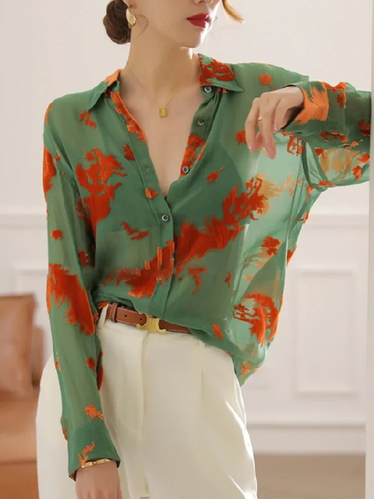 Green Orange Print Semi-transparent Long Sleeve Shirt Women Camisas De Mujer