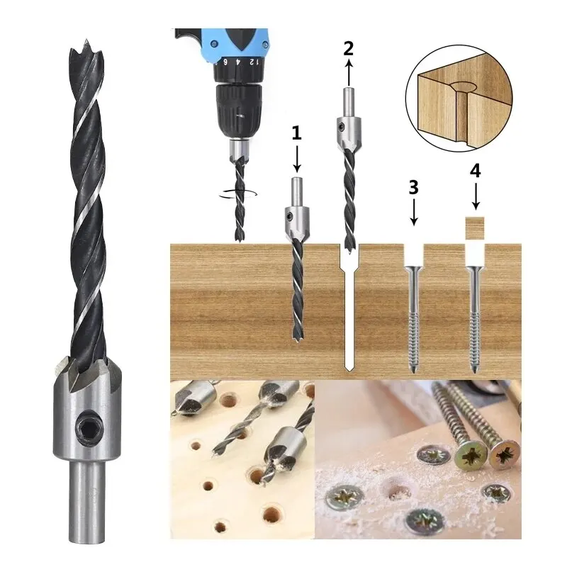 4pc Gold Three Pointed Woodworking Countersunk Drill with Screw Expansion Drill Hole Opener Electric Drilling Tool Accessories