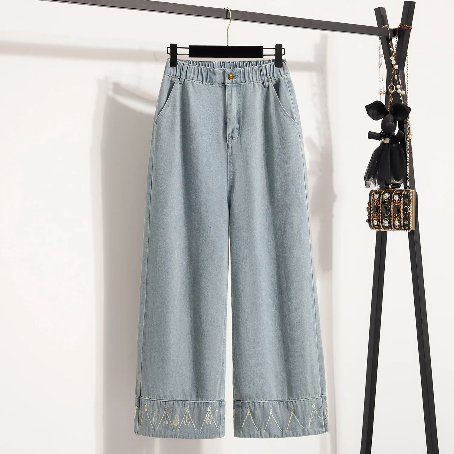 

Slimming Embroidered Loose Fit Jeans Casual High Waist Cotton Thin Nine-Piece Pants plus Size Faionable Pure Color