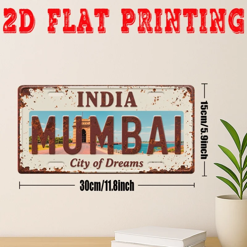 2D Flat,Vintage Aluminum  Sign, Decorative Sign, Mumbai City Sign, Gateway of India Wall Art, City of Dreams Indian Home Decor