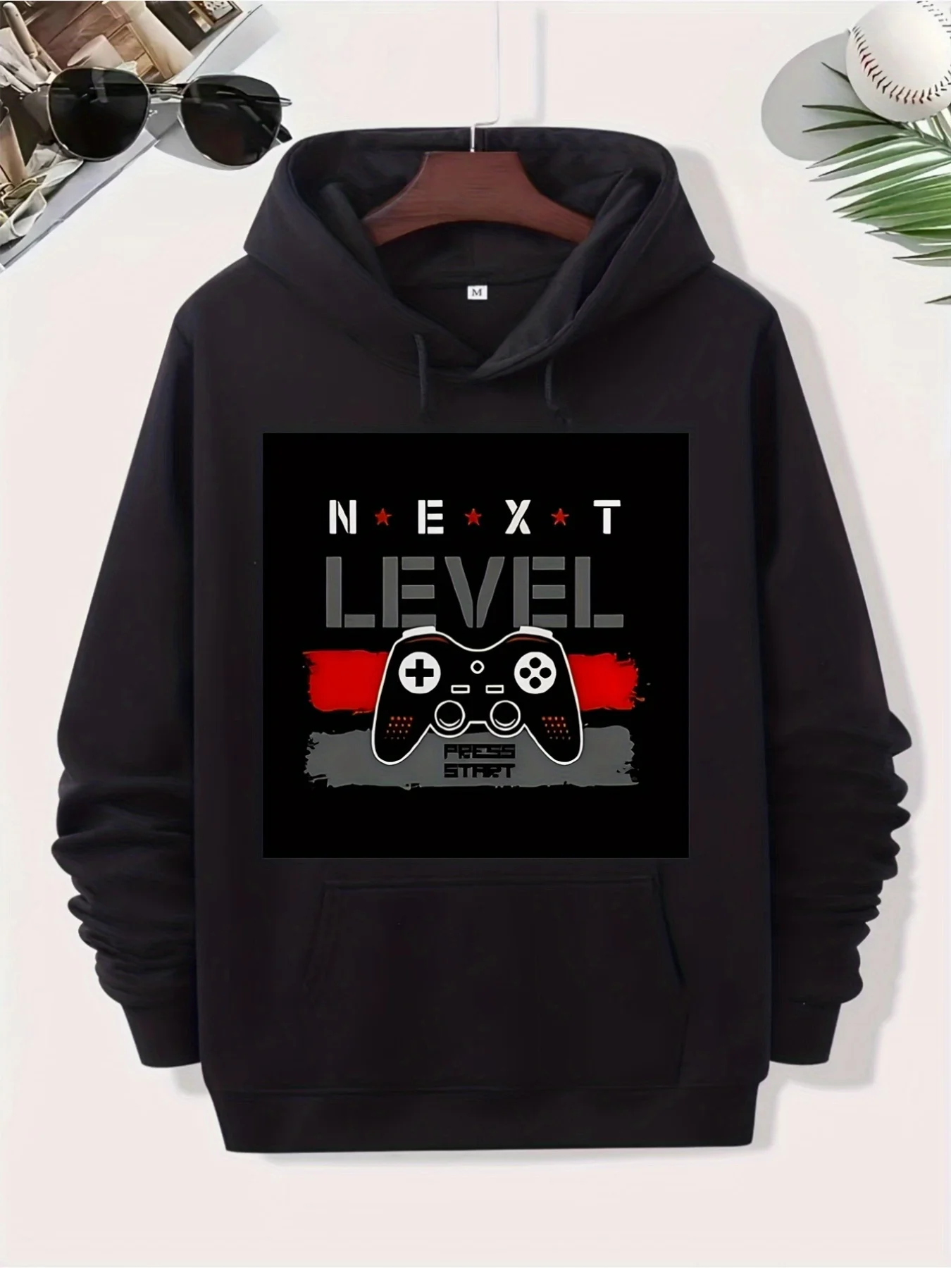 2026 Fall/Winter Men's NEXT LEVEL Controller Pattern Print Trendy Street Style Loose Long-Sleeved Hooded Sweatshirt