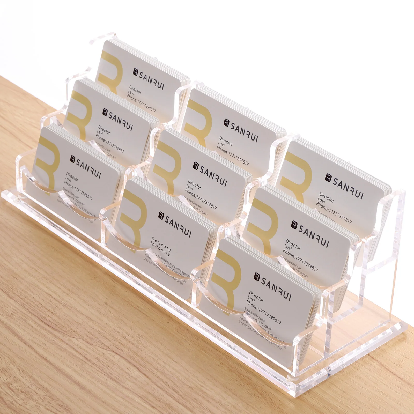 SANRUI Acrylic Clear Business Card Holder for Desk Display Stand Desktop Organizer Rack 3 Tier 9 Pocket