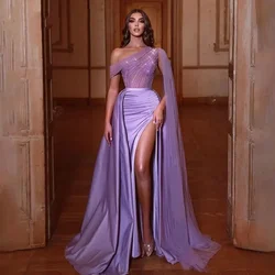 Mermaid Purple Exquisite Evening Dresses One Shoulder Shawl Beads Sequins Tulle Formal Party Gowns Abendkleider Robe De Soriee