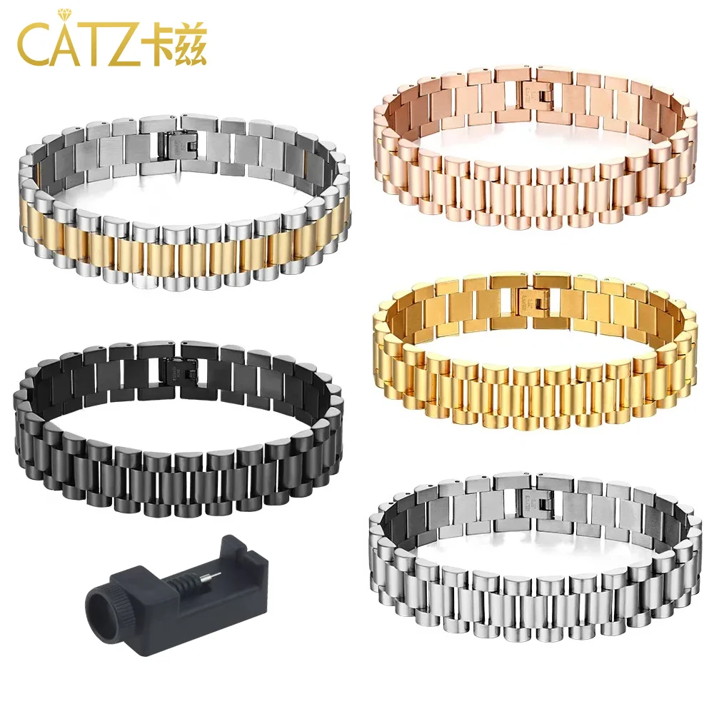 أساور CATZ من الفولاذ المقاوم للصدأ للأزواج 、 سلاسل ساعة رجالية عصرية مقاس 15 مم مع هدايا أساور قابلة للتعديل