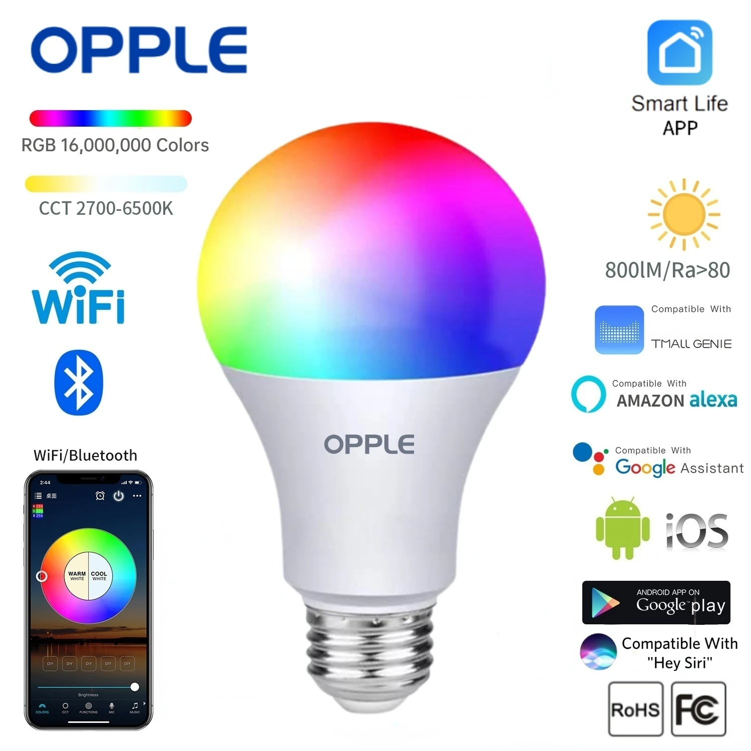 

OPPLE RGB Smart Bulb App Control E27 E26 9W RGB Alexa Google Remote Siri Home Wifi Bluetooth Voice IOS Android Universal