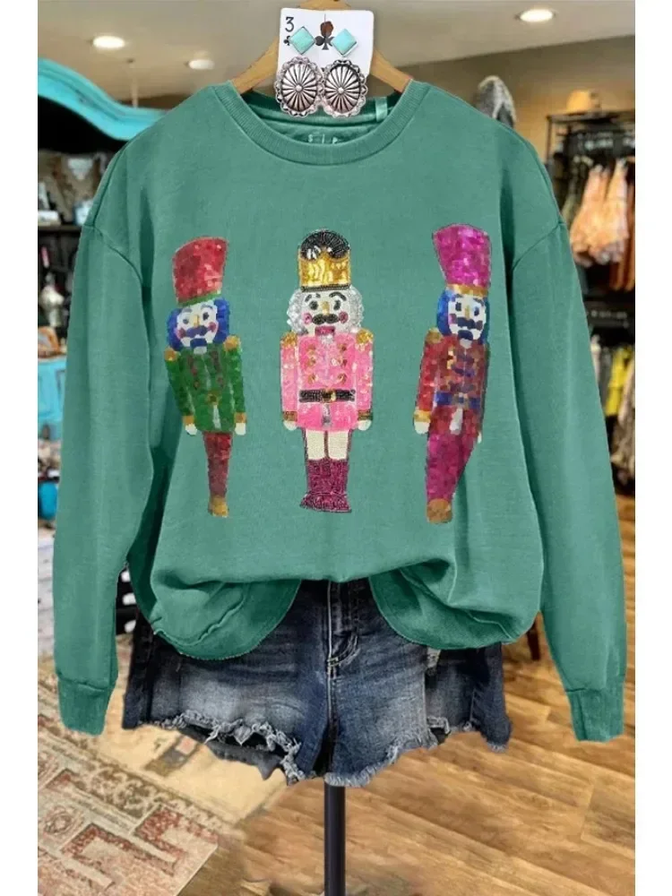 Nutcracker Contrast Print Green Sweatshirt Christmas Pullovers Not Sequins