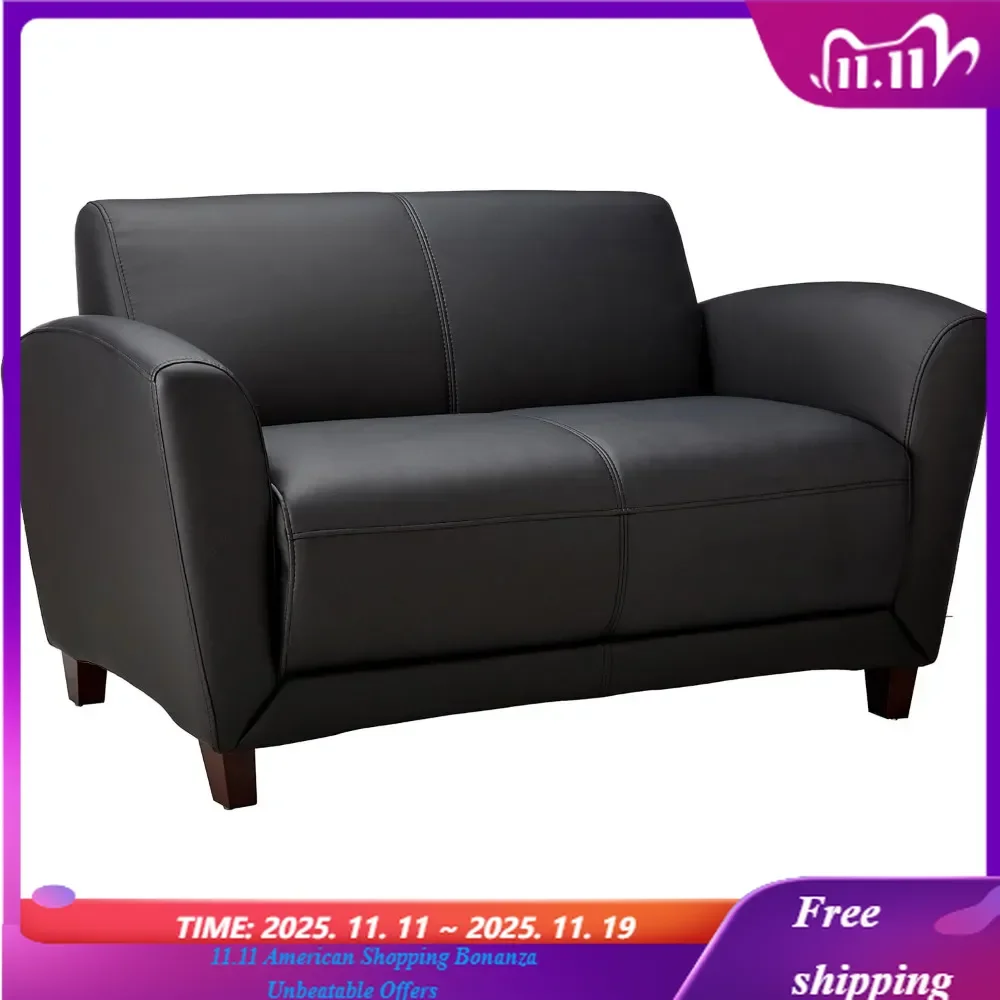 

Black Bonded Leather Reception Loveseat with Mahogany Legs 55 X 22 X 31.25 Accessories Included for Office Or Waiting Room
