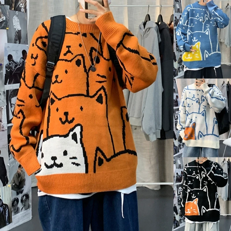 Autumn and Winter Men Round Neck Sweater Harajuku Cartoon Cat Printed Pullover Top Loose Knitwear Male Long Sleeve Streetwear