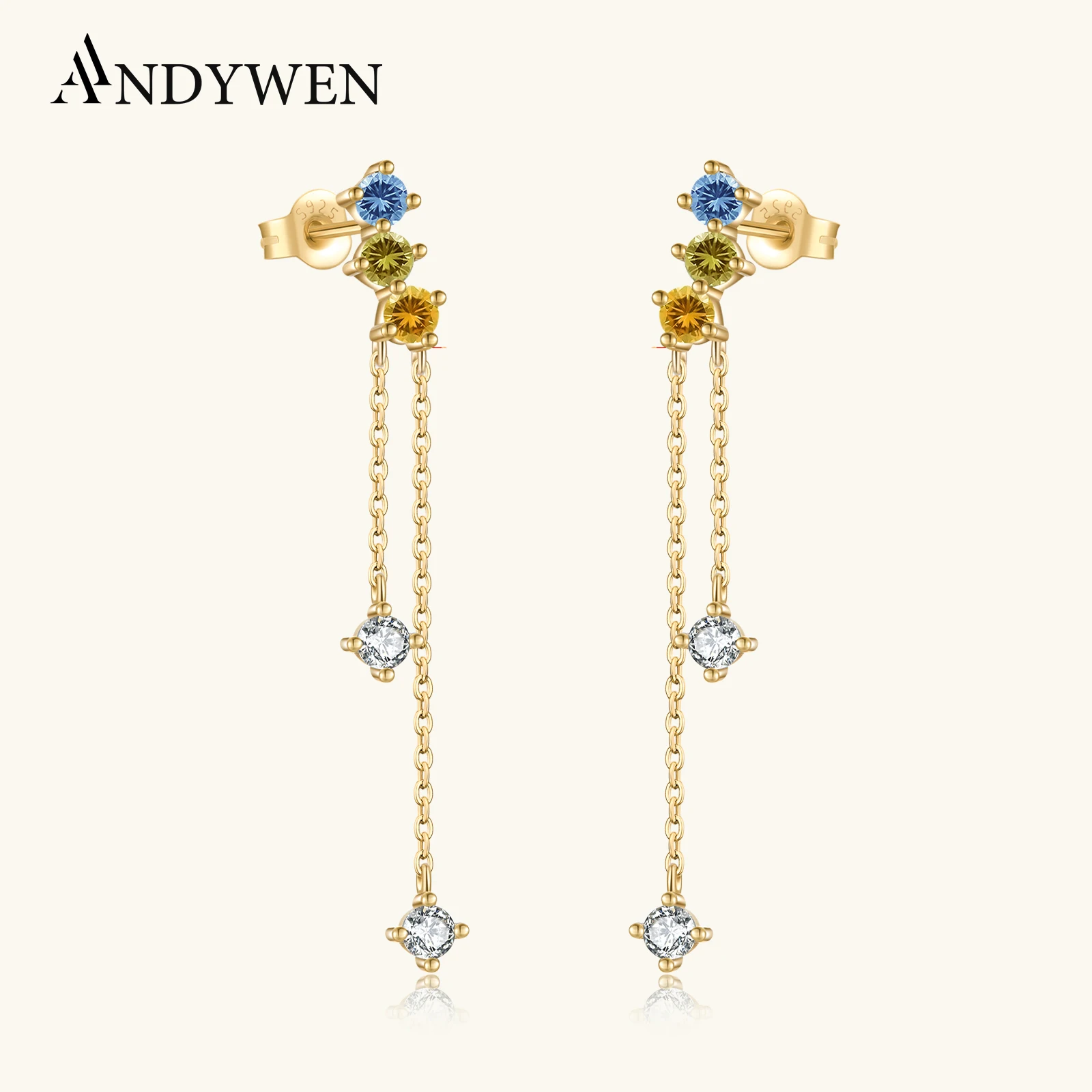 

ANDYWEN 925 Sterling Silver Gold Chain Line Drop Earring Clips Pendiente Crystal CZ Women Fine Jewelry 2022 Wedding Rainbow CZ