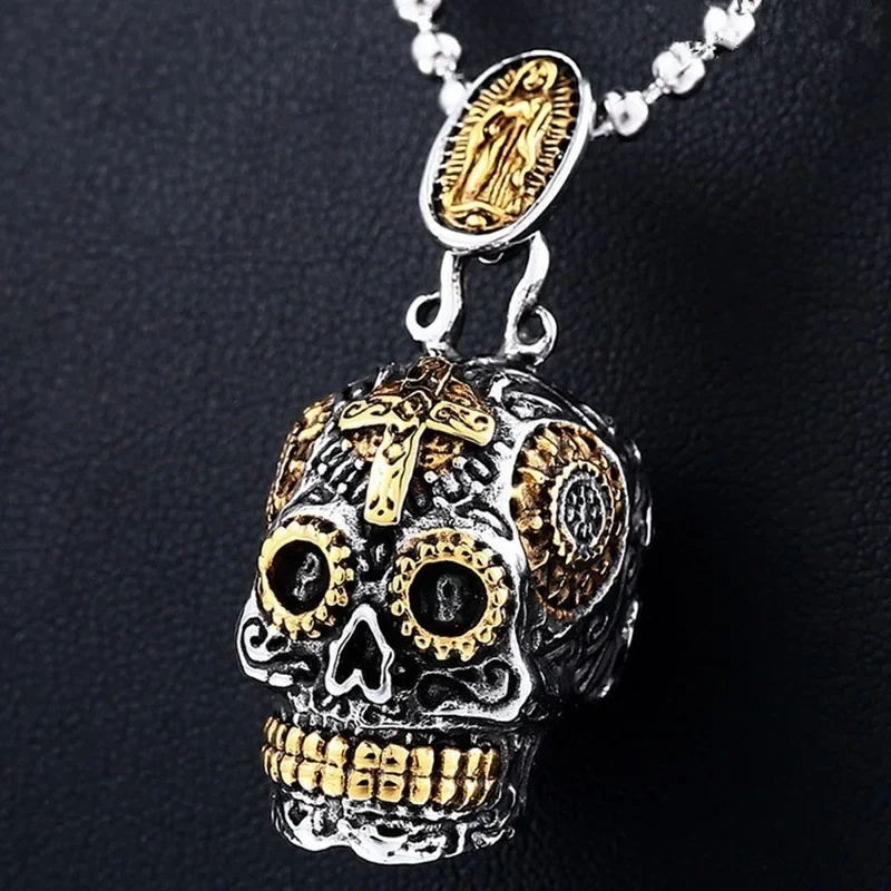 Vintage Gothic Cross Mechanical Skull Pendant Necklace for Men and Women Personality Hip Hop Trend Party Halloween Jewelry Gift