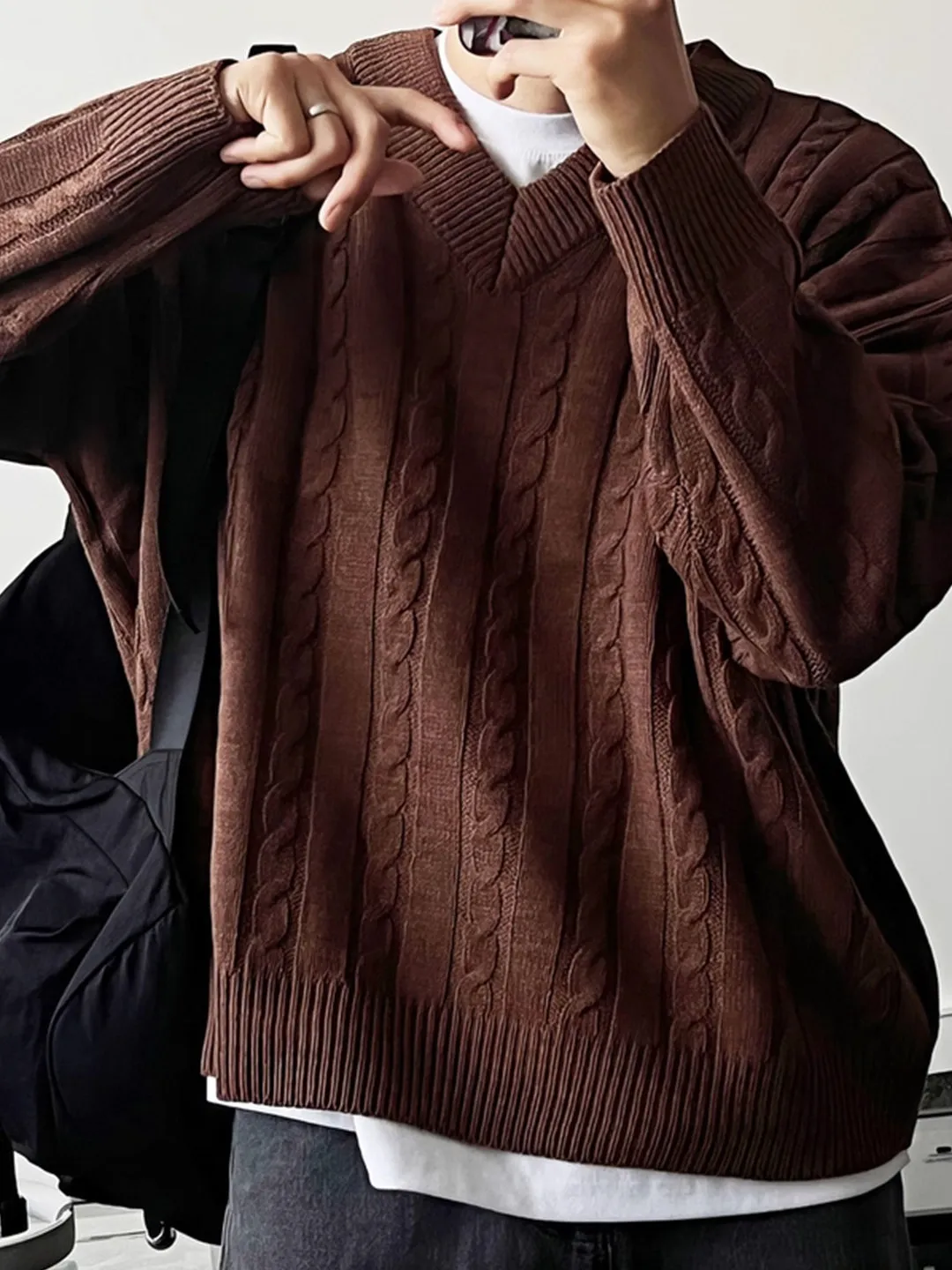 

Мужской повседневный свитер из льна с V-образным вырезом, в стиле ретро, мягкий, свободный крой, длинный рукав, теплый, комфортный, дышащий