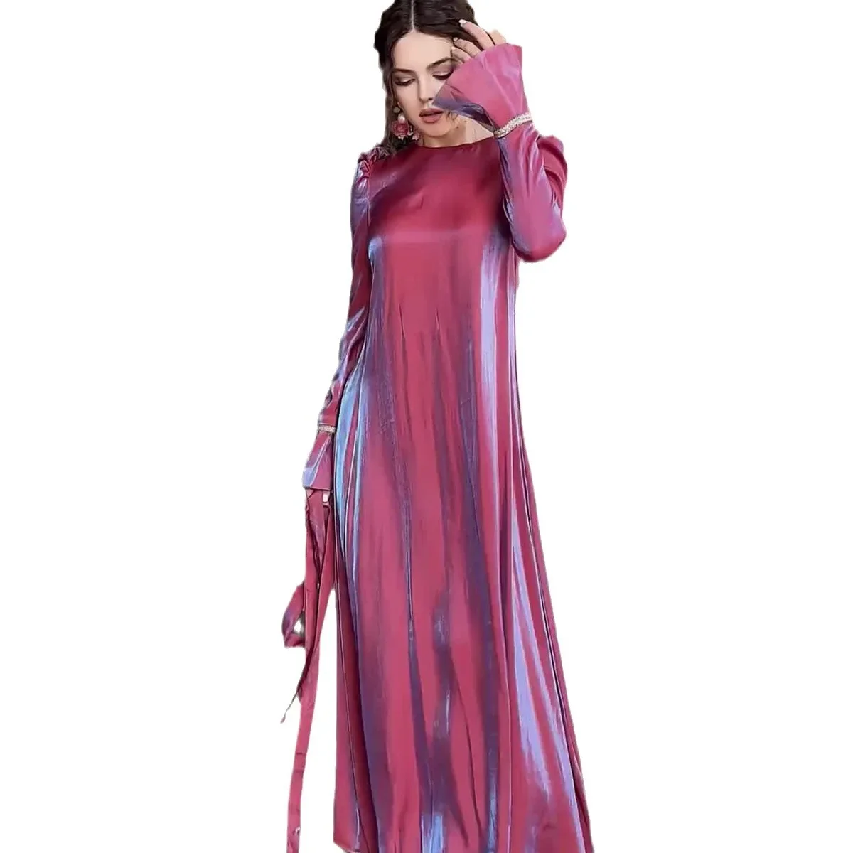 Long Dresses Women Ramadan Fashion Shiny Dubai Muslim Dress Female Autumn Elegant Flare Sleeve Casual Loose Bandage Robe