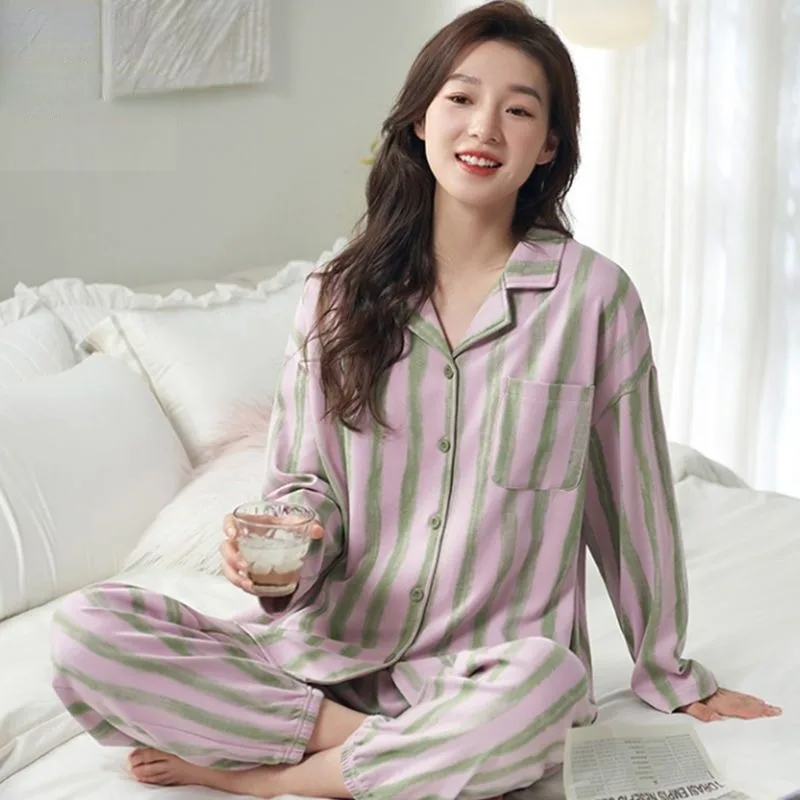 

Pajama Ladies Long-sleeved Cotton Loungewear Striped Trousers Sleepwear Cardigan Lapels Spring Autumn 2024 New Homewear Suit