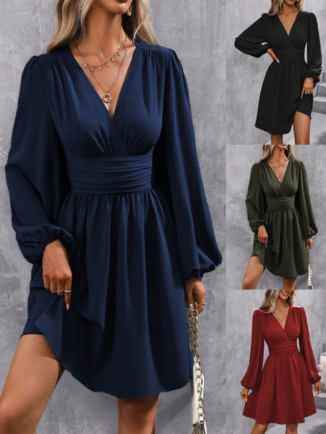 

Dresses 2025 Woman Clothing V Neck Lantern Sleeve Wrap Mini Dress Ruched Waist Flowy Hem Elegant for Autumn and Party Styles ﻿