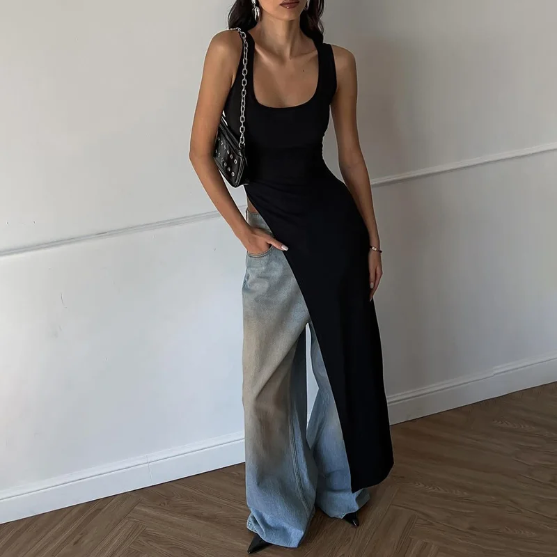 Sexy Sleeveless Side High Split Midi Dress Backless Women's Summer Party Club Streetwear Y2K Style Solid Color