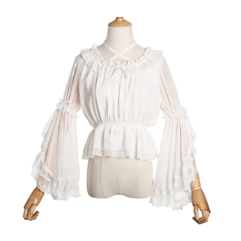 Blusa de encaje de gasa Lolita con tirantes debajo de la camisa para mujer, cuello Halter y hombros descubiertos, Tops dulces con volantes largos, mangas acampanadas para talla grande