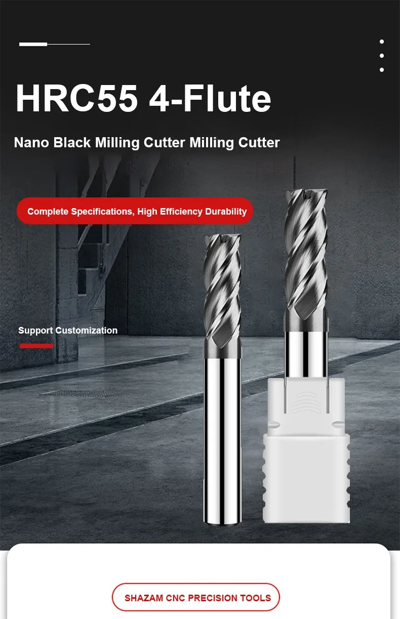 Shazam hrc55 4-flöte schwarz nano beschichtung flache fräser wolfram stahl karbid fräser cnc mechanische bearbeitung end fräser – Detail 1