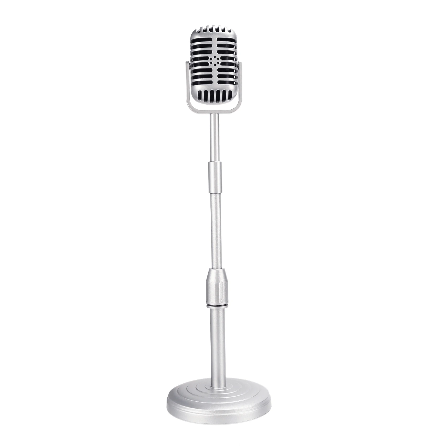 Vintage Desktop Microphone Prop Model with Adjustable Height, Classic Retro Style Microphone Stand Fake Mic Prop,Silver