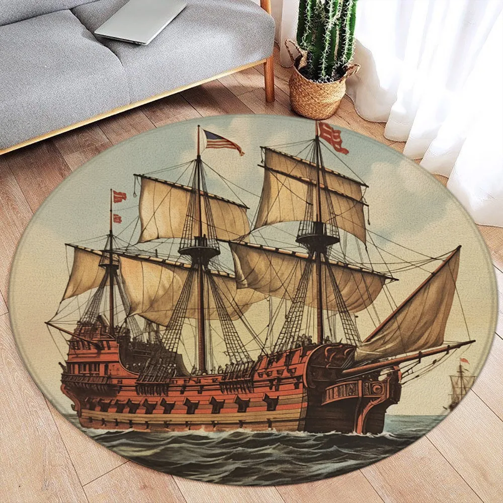 

Sailboat Vintage Round Rug Nautical Adventure Home Decoration Bedroom Living Room Hallwat Area Rug Flannel Round Carpet