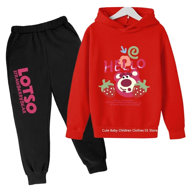 Kids Cartoon Fashion Print Lotso Hoodie Sets 2-12 Years Baby Boys Girls Top+Pants 2Pcs Tracksuits Children Outfits Clothing