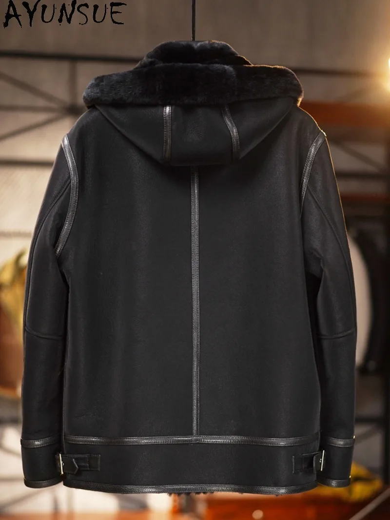 AYUNSUE Black Real Fur Coat Men Clothing Warm Hooded Winter Natural Shearling Jacket Thickened Genuine Mens Leather Fur Coat view 2