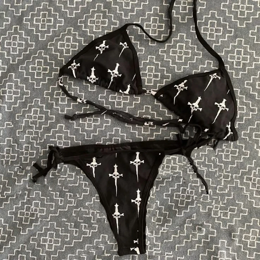Sommer Gothic Retro Bikini Schwimmen Badeanzug Bikini Goth Punk Totenkopf Druck Bikini Vintage E-Girls Sexy Bikini Y2k Stil 90er Jahre