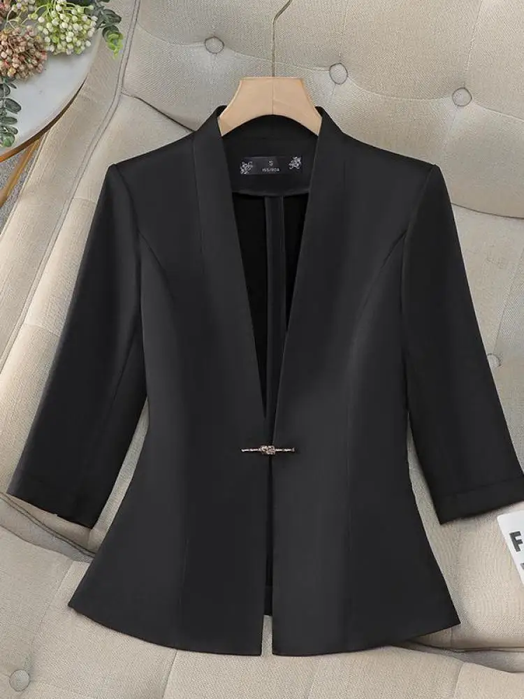 

Korean Women Black Beige Seven Quarter Sleeve Work Office Blazers Jackets Spring Autumn Pink Temperament Single Button Slim Coat