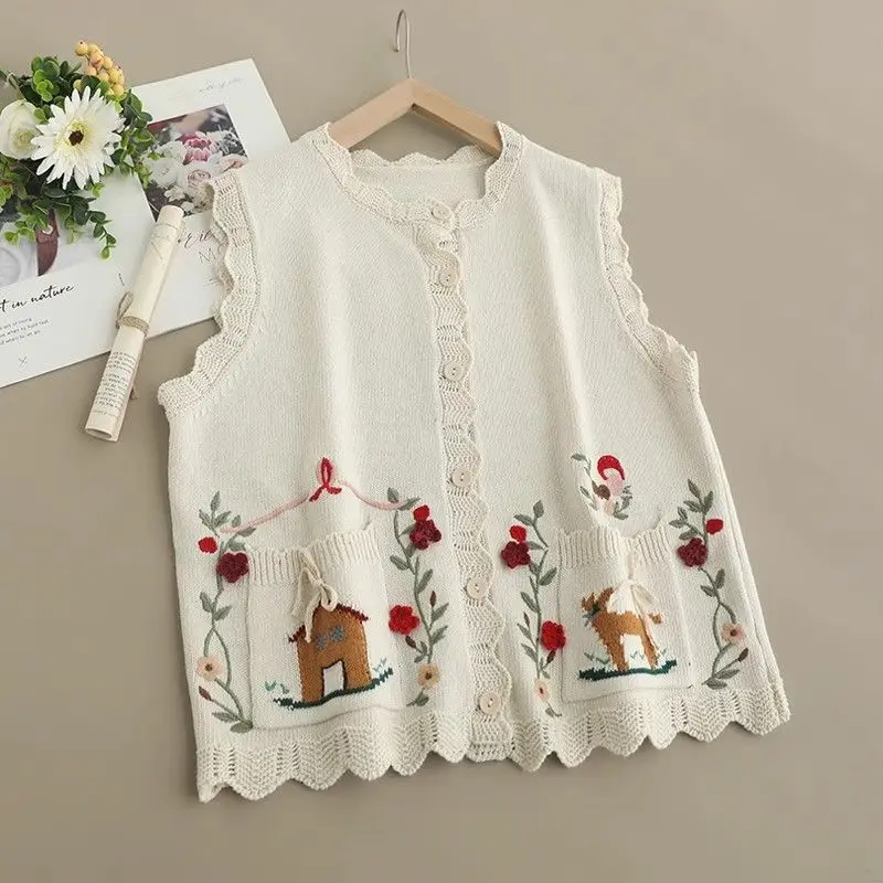 Вязаный жилет с вышивкой Mori для девочек, женский осенне-зимний однобортный свитер без рукавов, винтажный милый жилет, кардиган