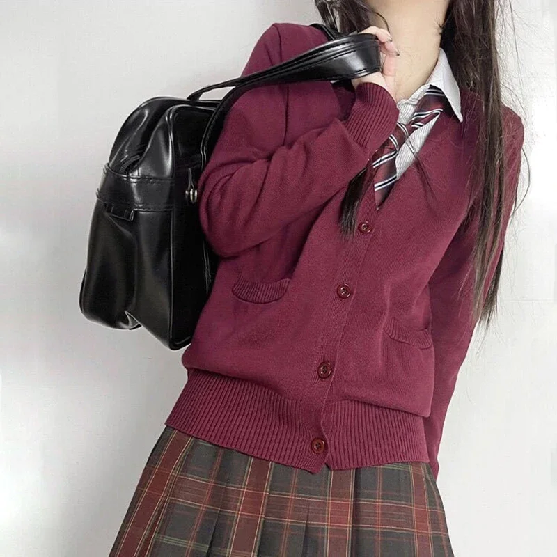 Новый японский вязаный свитер в консервативном стиле, женский красный сексуальный JK, униформа, пальто с карманами, хлопковый студенческий школьный кардиган для девочек, куртка 5XL