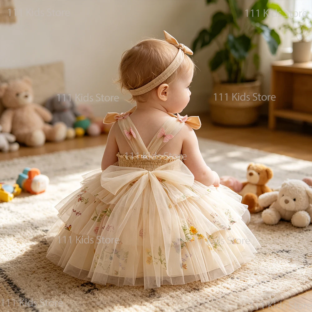Baby Dresses Tulle Layered Princess Dress Kids Girls Backless Embroidery Party Dress 1st Birthday Gift Children Summer Dress