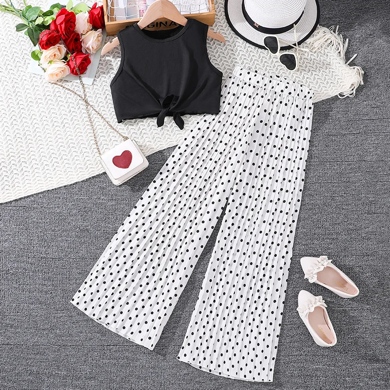 

Kids Clothing Sets For Girls Solid Color Sleeveless Top And Stripe Printing Pants Design Fashion Summer Resort Style Beach Suits