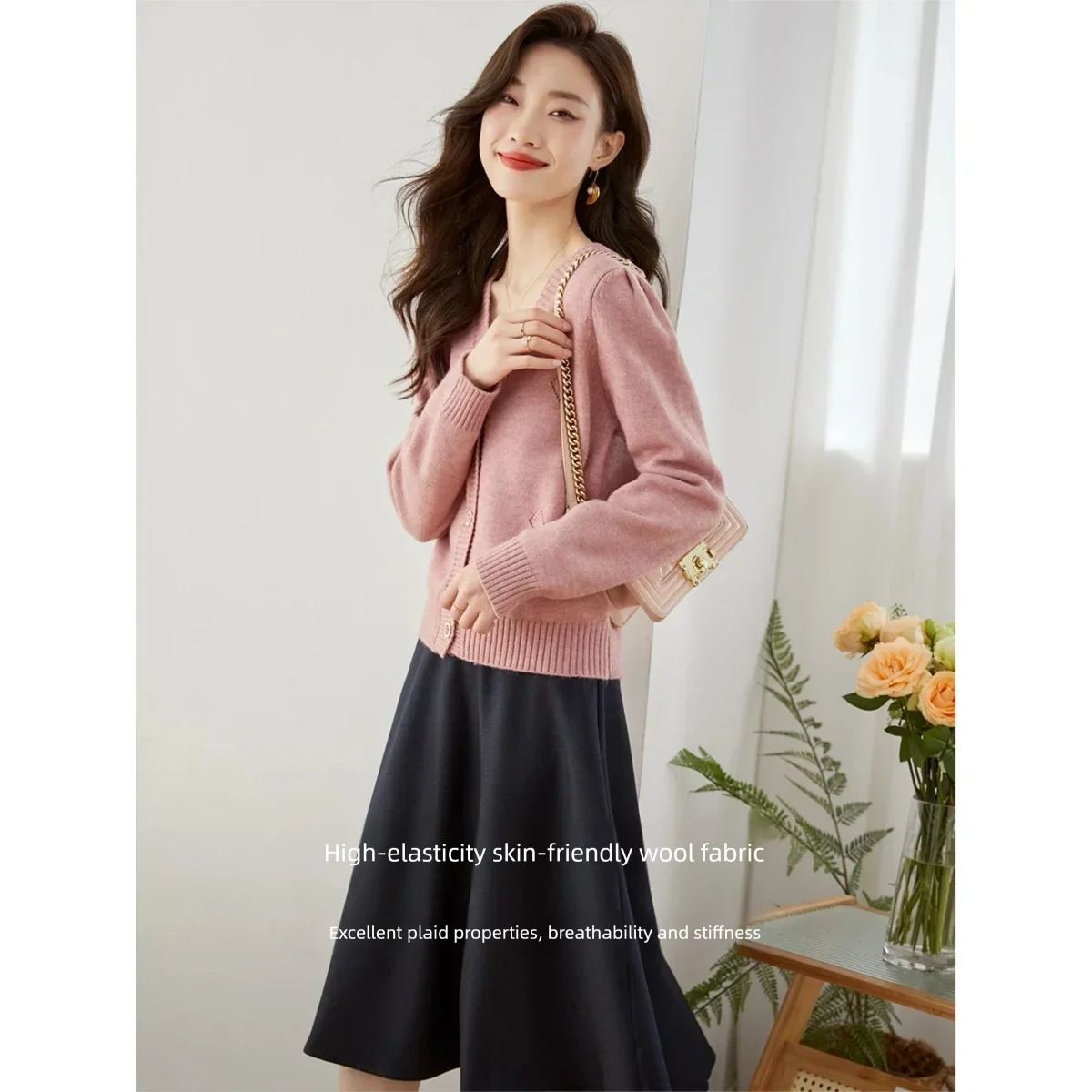 VIMLY Women's Pink V-neck Cardigan 2026 Fall New French Elegant Sweaters Sweet Fashion Long Sleeve Knitted Tops Female 72508 view 4
