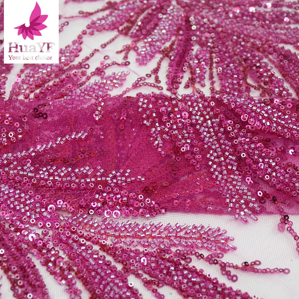 1 Yard  Fuchsia Pink French Style 3D Bridal Embroidery Lace Fabric Tulle Heavy Beads Sequins For Wedding HY1930