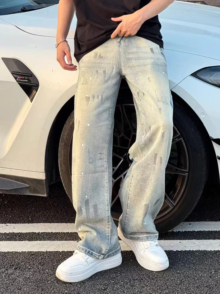 

Мужские джинсы Waed Distred, свободные прямые винтажные потертые чернильные брызги, повседневные прямые брюки в американском стиле Vibe High Street