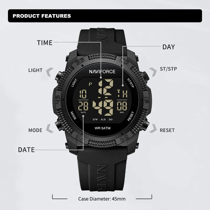 Top NAVIFORCE Brand Creative Fashion 50m Water Resistant Silicone Wristwatch for Men Luminous LCD Digital Electronic Man Watches