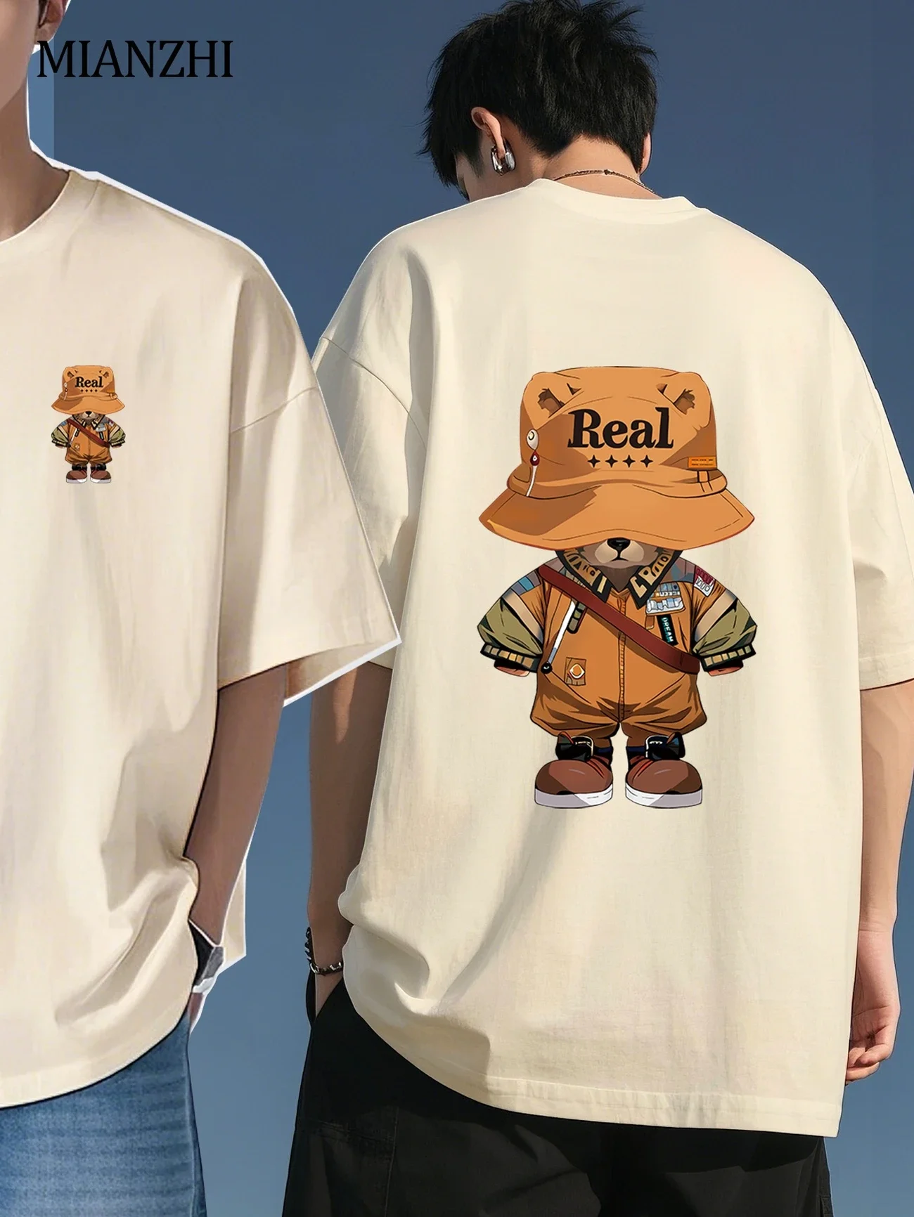 Kurzarm-T-Shirt (echter Bär doppelseitiger Druck) Herren-Sommer-Kurzarm-T-Shirt Basic einfach Jugend Japanisch und Korea