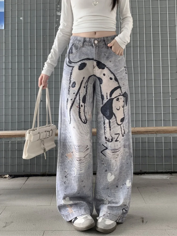 

New Fashion Niche Design Hand Drawn Spotted Dog Jeans Women's With Diamond Print Straight Leg Pants