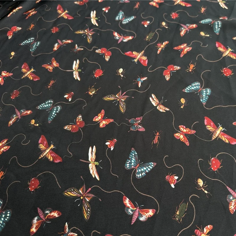 

1 метр, 100% тутовый шелк, 14 момме, креповая шелковая ткань, черная бабочка с принтом, 138 см, ширина 54 дюйма, по дворам, JN219