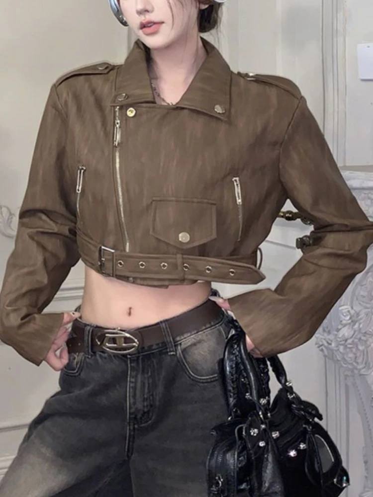 Veste en cuir punk marron court pour femme, fermeture éclair irrégulière rétro, veste en cuir de motard moto, manteau en fausse fourrure High Street, décontracté coréen