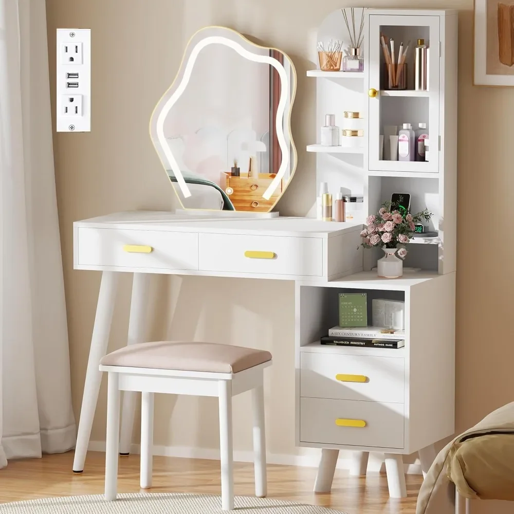 

White Vanity with Lighted Mirror Vanity Desk with Mirror ,Girls Vanity with Power Outlet Stool Drawers Shelves Charging Station