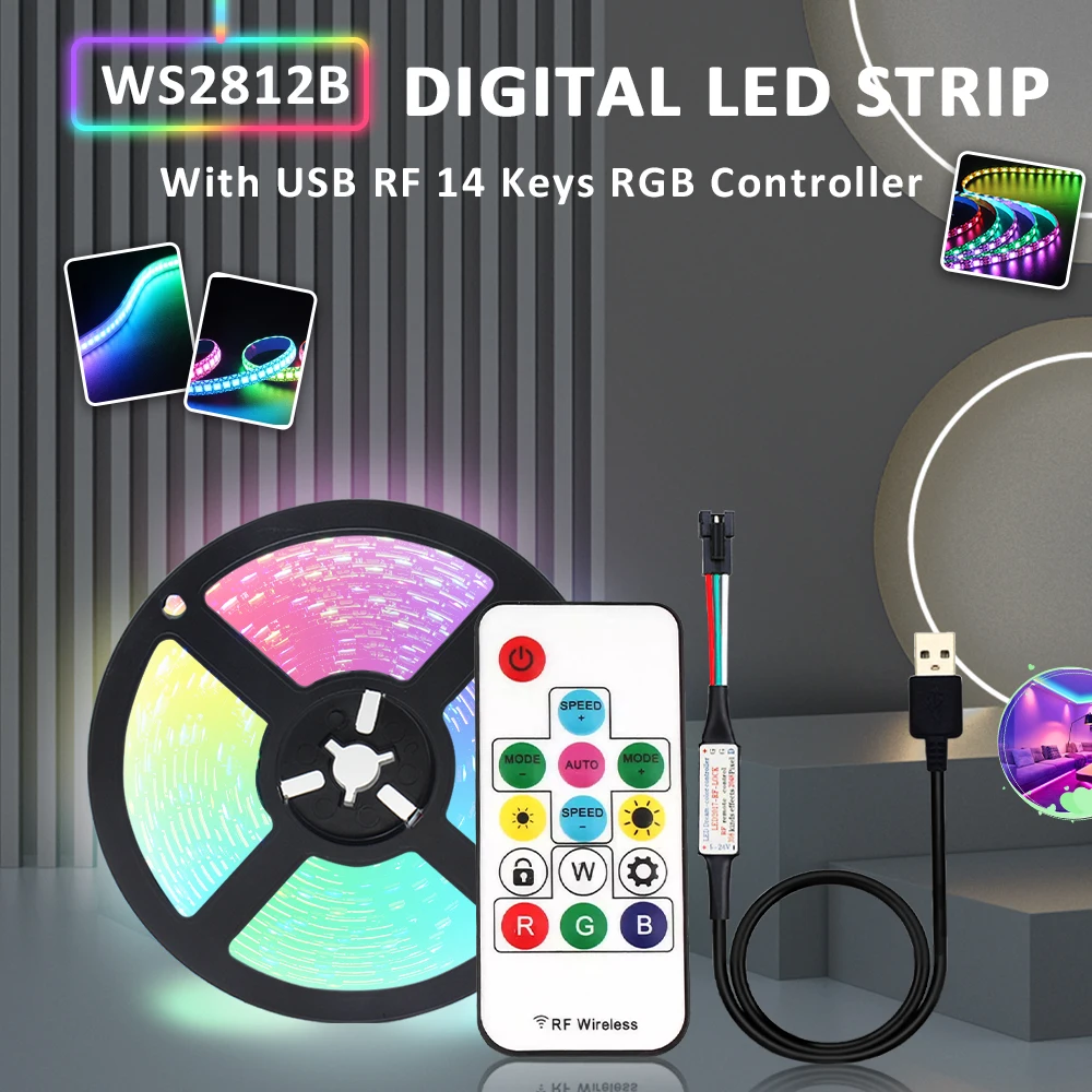 

WS2812B 5050 LED Pixel Strip Light Addressable USB RGB IC Tape DC 5V 3Pin Colorful RF 14key Wireless Remote Control 1M 5M Kit