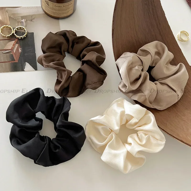 ผู้หญิงเกาหลี Big Elegant Silk Elastics ผมวงซาตินสีทึบ Scrunchies ผม TIES สุภาพสตรีผมหางม้าถืออุปกรณ์เสริมผม